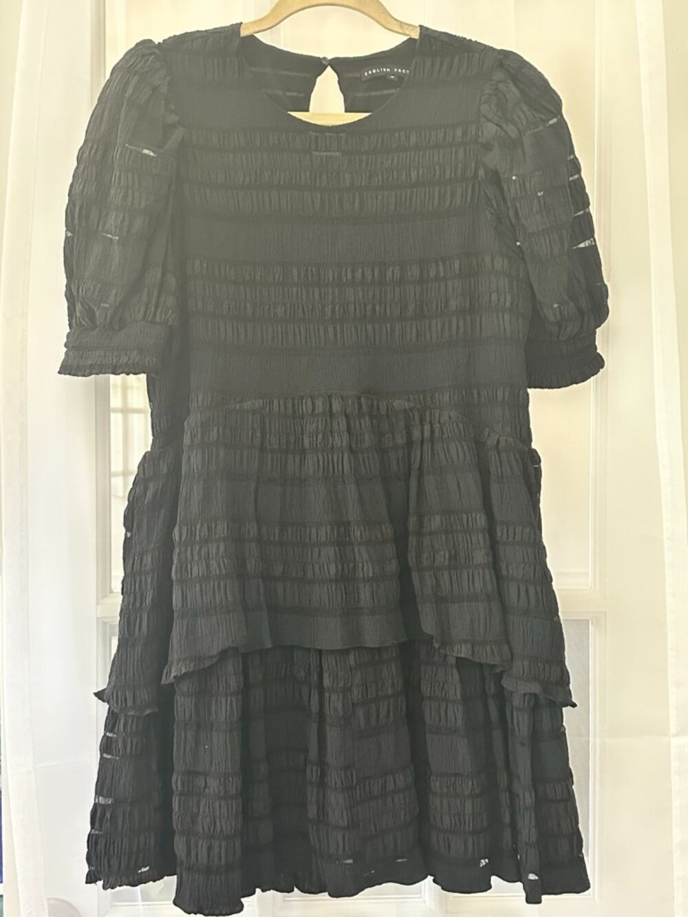 English Factory Black Textured Tiered Puff Sleeve Mini Dress Medium Romantic
